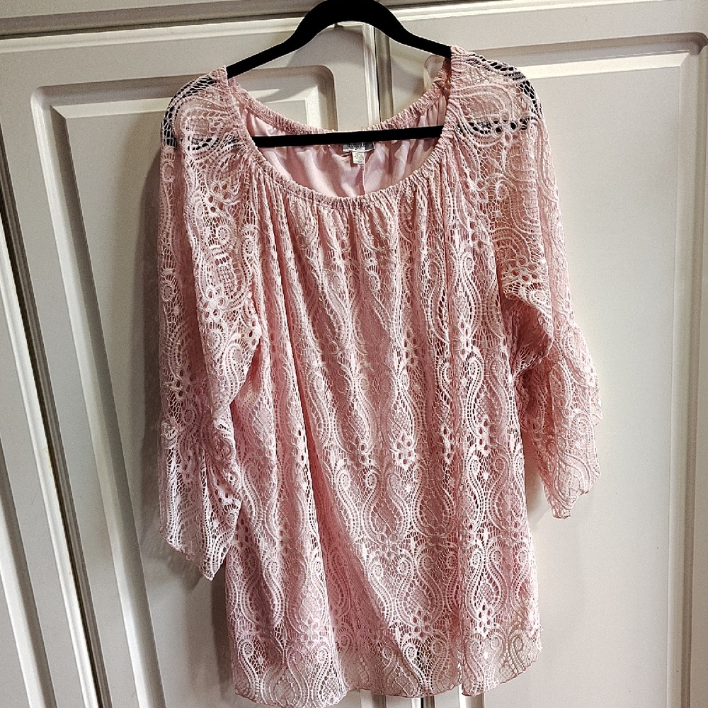 Avenue Pink Lace Peasant Top